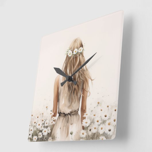 若い女性の水色のデイジー場 スクエア壁時計 (傾斜)