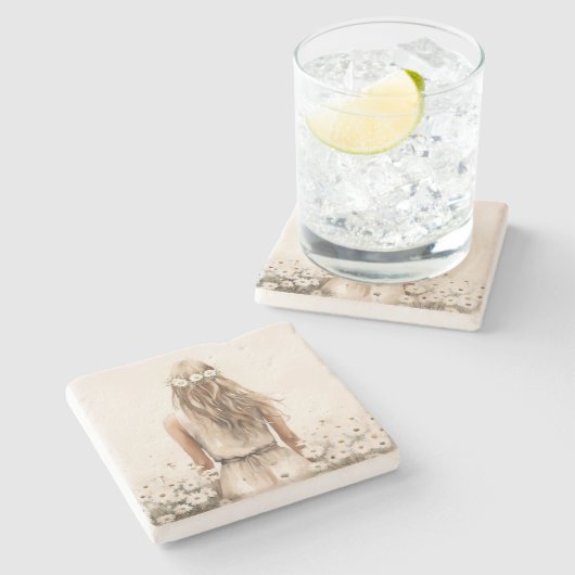 若い女性の水色のデイジー場 ストーンコースター (横)