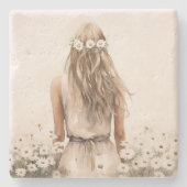 若い女性の水色のデイジー場 ストーンコースター (正面)