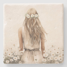 若い女性の水色のデイジー場 ストーンコースター