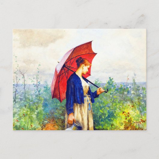 若い女性編み物バイダニエルリッジウェイナイト ポストカード (正面)