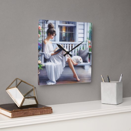 若い女読は猫の本だ スクエア壁時計 (オフィス)