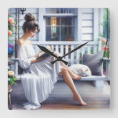 若い女読は猫の本だ スクエア壁時計 (正面)