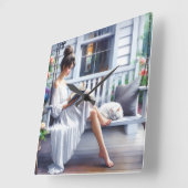 若い女読は猫の本だ スクエア壁時計 (傾斜)