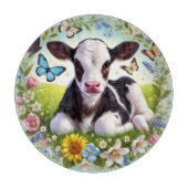 若い子牛とフローラリースと蝶 カッティングボード (正面)