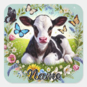 若い子牛とフローラリースと蝶 スクエアシール (正面)