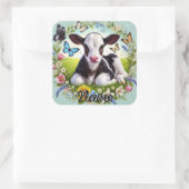 若い子牛とフローラリースと蝶 スクエアシール (バッグ)