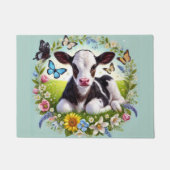 若い子牛とフローラリースと蝶 ドアマット (正面)