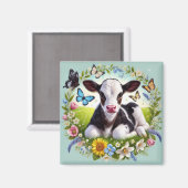 若い子牛とフローラリースと蝶 マグネット (正面/裏面)