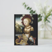 若い少女とアンティークなワインビネヤードのブドウとワイン ポストカード (スタンド正面)