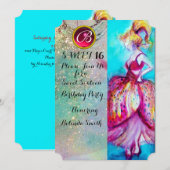若い少女の16歳の誕生日パーティー、青いスパークルスのモノグラム 招待状 (正面/裏面)