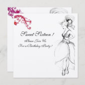 若い少女の16歳の誕生日パーティー、黒、白、赤の渦巻き 招待状 (正面/裏面)