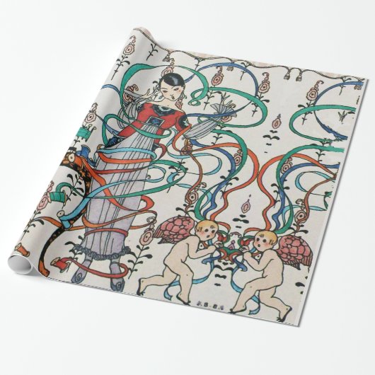 若い少女,カラフルなリボン,キューピッド バレンタインデー ラッピングペーパー (アンロールド)
