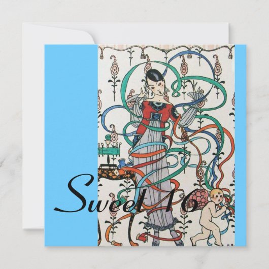 若い少女 , カラフルなリボン スイート16パーティーブルー 招待状 (正面)