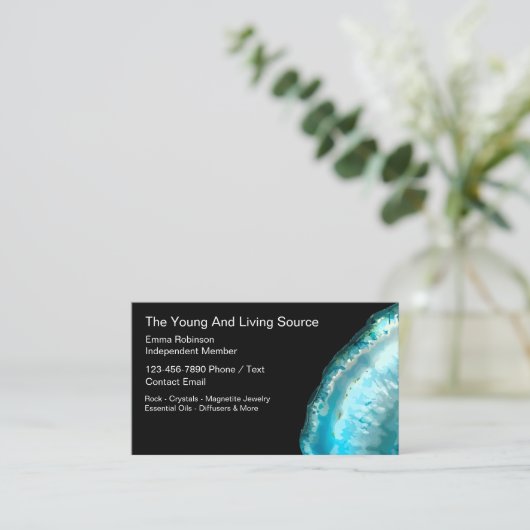 若い生きている岩の結晶ジュエリー代表 名刺 (スタンド正面)