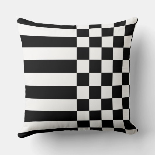 若い白のジオメトストライプリと市松模様に黒 クッション (裏面)