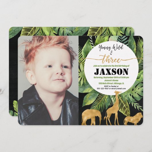 若い野生および3人の男の子の誕生日の写真の招待 招待状 (正面/裏面)