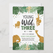 若い野生および3匹のサファリ動物の男の子の誕生日 招待状 (正面)
