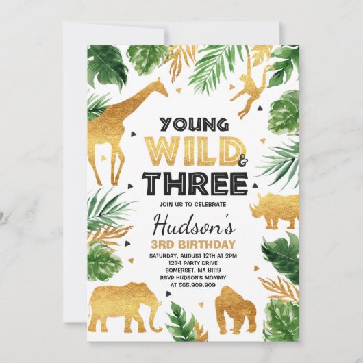 若い野生および3匹の誕生日のサファリ動物 招待状 (正面)