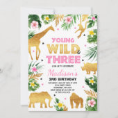 若い野生および3匹の誕生日のサファリ動物 招待状 (正面)