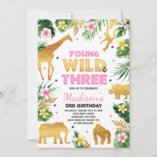 若い野生および3匹の誕生日のサファリ動物 招待状 (正面)