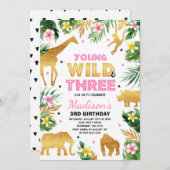 若い野生および3匹の誕生日のサファリ動物 招待状 (正面/裏面)