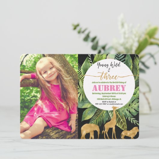 若い野生および3女の子の誕生日の招待の金ゴールド 招待状 (スタンド正面)