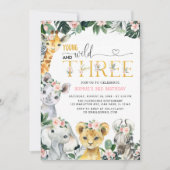 若い野生と三つのサファリジャングル動物誕生日 招待状 (正面)