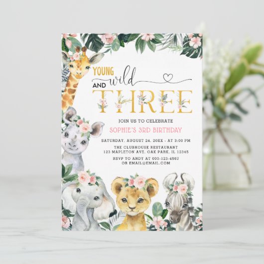 若い野生と三つのサファリジャングル動物誕生日 招待状 (スタンド正面)