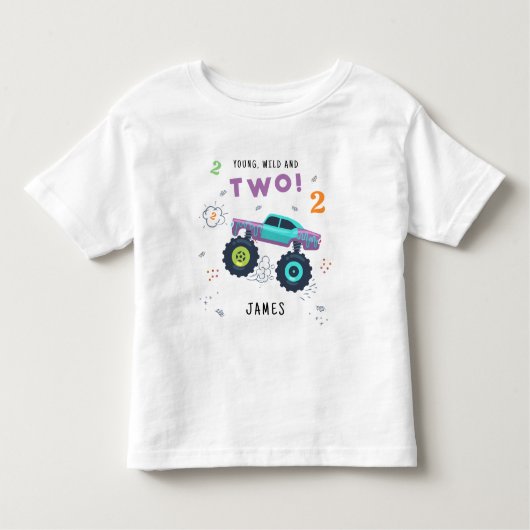 若い野生と2歳の誕生日キッズモンスターカー トドラーTシャツ (正面)