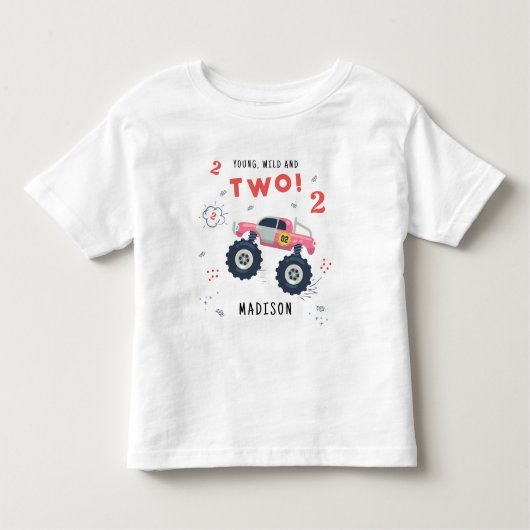 若い野生と2歳の誕生日キッズモンスターカー トドラーTシャツ (正面)