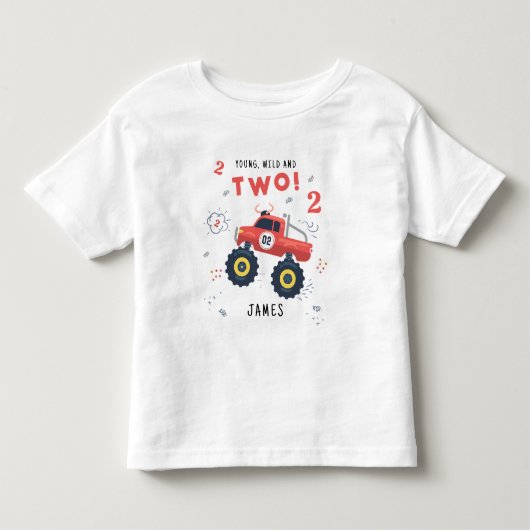 若い野生と2歳の誕生日キッズモンスターカー トドラーTシャツ (正面)