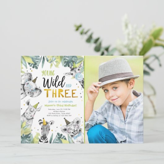 若い野生と3つのサファリアニマルズボーイ誕生日I 招待状 (スタンド正面)