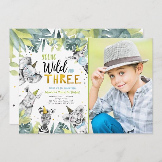 若い野生と3つのサファリアニマルズボーイ誕生日I 招待状 (正面/裏面)