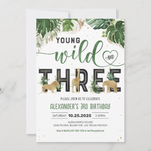 若い野生と3つのサファリアニマルズ誕生日 招待状 (正面)