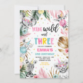 若い野生と3つのサファリジャングル動物のパーティー 招待状 (正面)