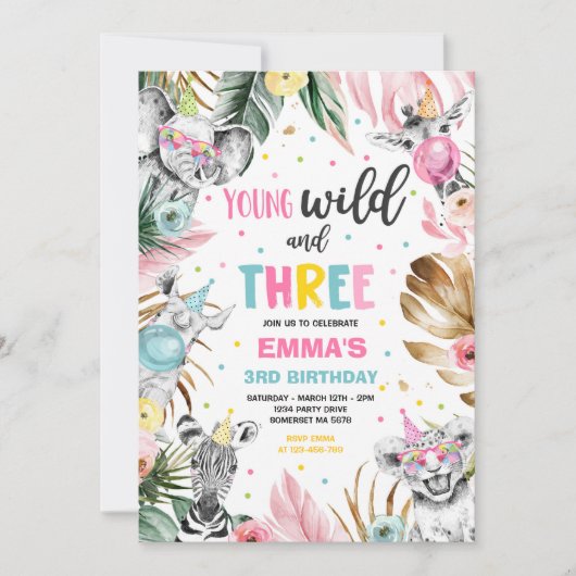 若い野生と3つのサファリジャングル動物のパーティー 招待状 (正面)