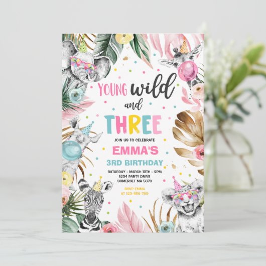 若い野生と3つのサファリジャングル動物のパーティー 招待状 (スタンド正面)