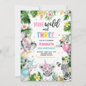 若い野生と3つのサファリジャングル動物のパーティー 招待状 (正面)