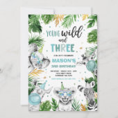 若い野生と3つのサファリジャングル動物のパーティー 招待状 (正面)