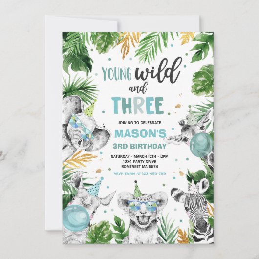 若い野生と3つのサファリジャングル動物のパーティー 招待状 (正面)
