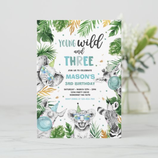若い野生と3つのサファリジャングル動物のパーティー 招待状 (スタンド正面)