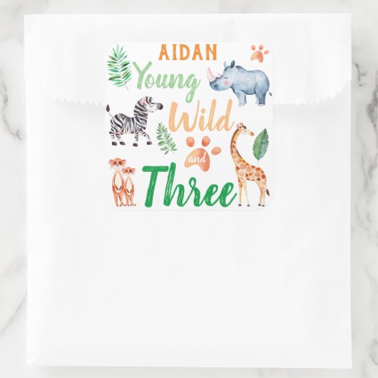 若い野生と3つのサファリ動物の第3誕生日 スクエアシール (バッグ)