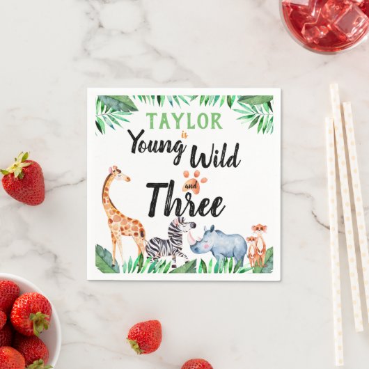 若い野生と3つのサファリ動物の第3誕生日 スタンダードカクテルナプキン (インサイチュ)