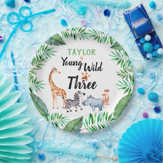 若い野生と3つのサファリ動物の第3誕生日 ペーパープレート (パーティー)