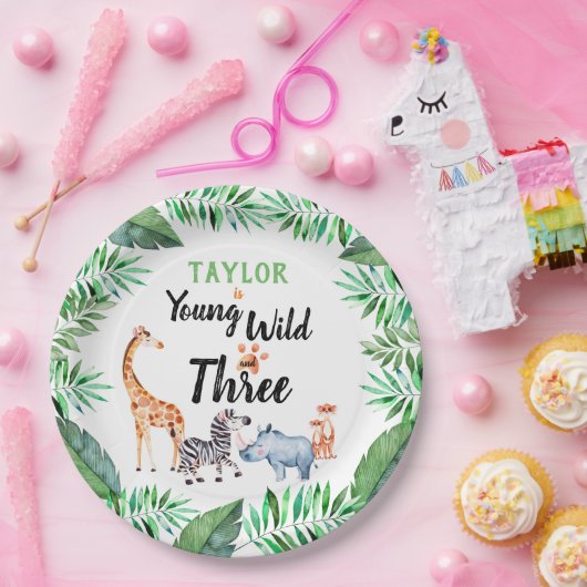 若い野生と3つのサファリ動物の第3誕生日 ペーパープレート (パーティー)