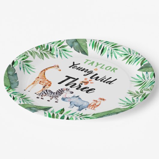 若い野生と3つのサファリ動物の第3誕生日 ペーパープレート (アングル)