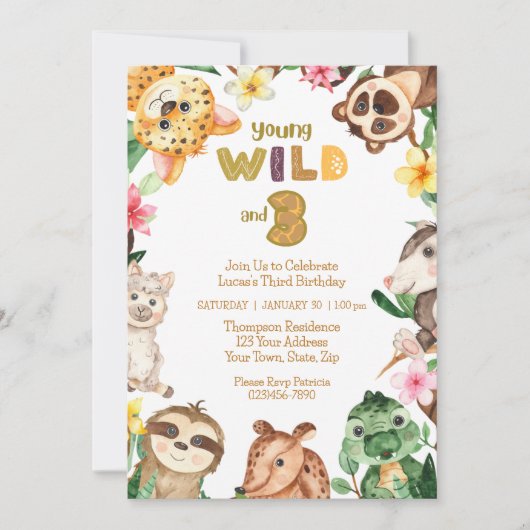 若い野生と3つのサファリ動物の第3誕生日 招待状 (正面)