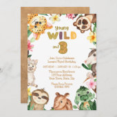 若い野生と3つのサファリ動物の第3誕生日 招待状 (正面/裏面)