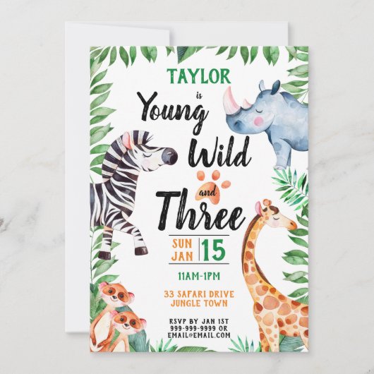 若い野生と3つのサファリ動物の第3誕生日 招待状 (正面)